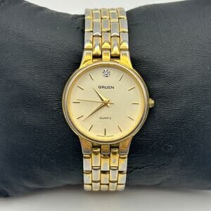 Vintage Gruen Gold Tone Diamond Women's Quartz, 30mm Watch Working New Battery